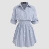 Shirt Dress for Women Casual Collar Neck Striped Button Mini Long Sleeve High Waist Cotton-Blend Dress