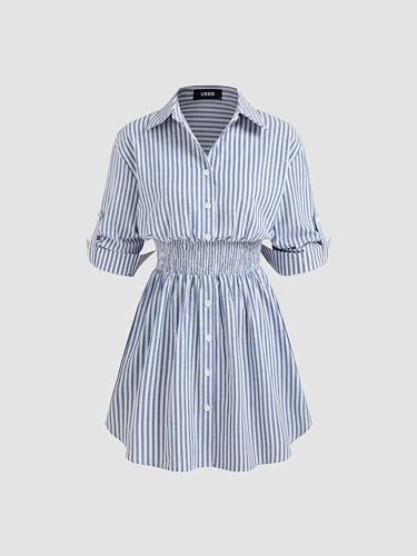 Shirt Dress for Women Casual Collar Neck Striped Button Mini Long Sleeve High Waist Cotton-Blend Dress