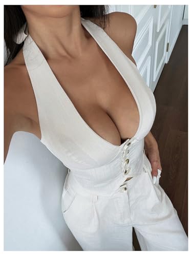 411-114d-4L.jpg Women's 2 Piece Outfits Halter Button Down Vest Crop Tops and High Waisted Pants Set