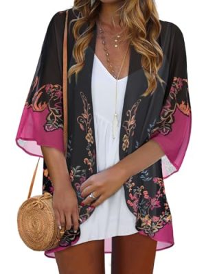 4119JsrR5TL.jpg Women Kimono Cardigans Casual Summer Tops Cover up Open Front Floral Print Resort Wear
