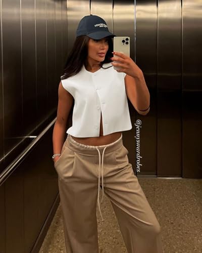 411eXwtICzL.jpg Womens Cropped Cap Sleeve Vest Tank Tops Summer Work Casual Crew Neck Button Down Waistcoats