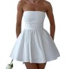 Women's Strapless Mini Dress Ruched Sleeveless Off Shoulder A-Line Pleated Short Dress with Oversized Bow