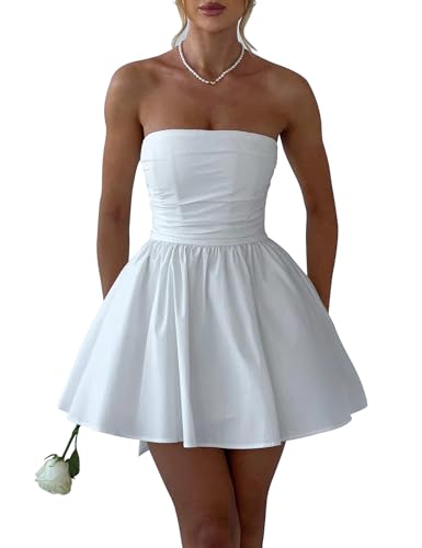 Women's Strapless Mini Dress Ruched Sleeveless Off Shoulder A-Line Pleated Short Dress with Oversized Bow