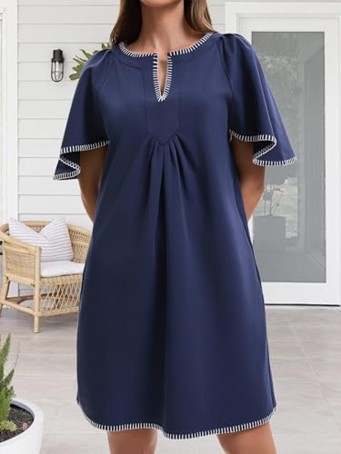 411frB2FDcL.jpg Women's Summer Flutter Short Sleeve A Line Mini Dress Casual Contrast Trim V Neck Short Dress with Pockets