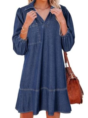 Denim Dress for Women Fashion Fall Casual Babydoll 2025 V Neck 3/4 Puff Sleeve Jean Dresses
