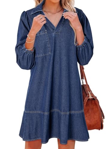 412IVMApHEL.jpg Denim Dress for Women Fashion Fall Casual Babydoll 2025 V Neck 3/4 Puff Sleeve Jean Dresses