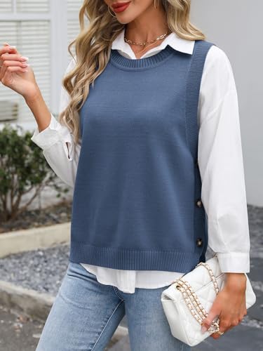 412RnlKTWQL.jpg Womens Sweater Vest Summer Sleeveless Crewneck Ribbed Knit Side Button Loose Pullover Tank Tops 2025 Fall Outfits