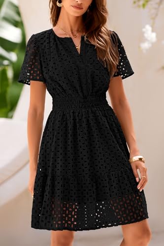 412mnfnfTpL.jpg 2025 Women Summer Short Dress V Neck Short Sleeve A Line Hollow Out Lace Ruffle Cute Casual Beach Party Dresses