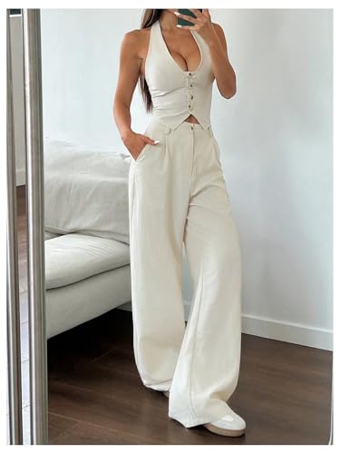 413Xaes2EL.jpg Women's 2 Piece Outfits Halter Button Down Vest Crop Tops and High Waisted Pants Set