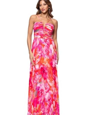 Women's Sleeveless Long Halter V Neck Printed Pleated Spaghetti Strap Dress