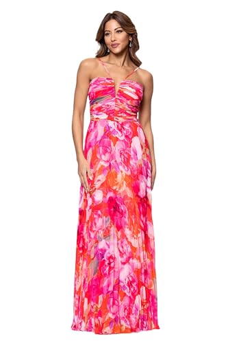 Women's Sleeveless Long Halter V Neck Printed Pleated Spaghetti Strap Dress
