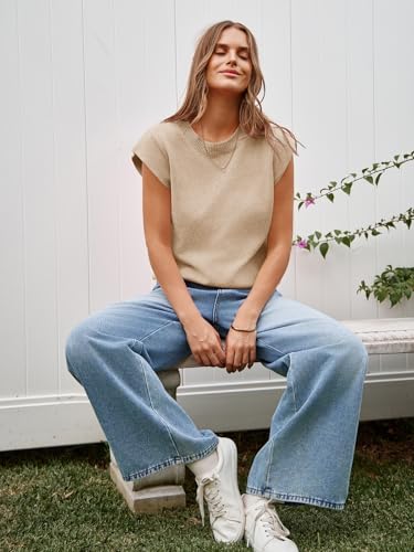 Womens Cap Sleeve Sweater Vest Summer Casual Sleeveless Knit Tank Tops Loose Fit Crew Neck Shirts Pullover