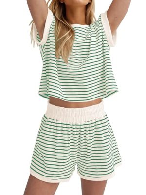 414xDLG3jCL.jpg Women Summer 2 Piece Lounge Sets Striped Short Sleeve Tee Shirts Mini Shorts Loungewear Shorts Set Ribbed Pajama Set