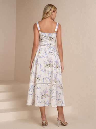 4158vDYQLCL.jpg Floral Corset Midi Dress Lace Up Cutout Flowy Summer Wedding Guest Dresses for Women Sundress with Pockets