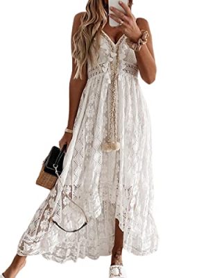Women's Summer Dresses Sleeveless Lace Casual Tassel Beach Spaghetti Straps Flowy Maxi Sun Dress