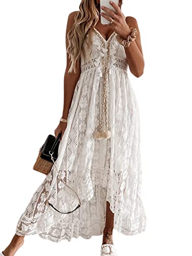 415p1v0v0OL.jpg Women's Summer Dresses Sleeveless Lace Casual Tassel Beach Spaghetti Straps Flowy Maxi Sun Dress