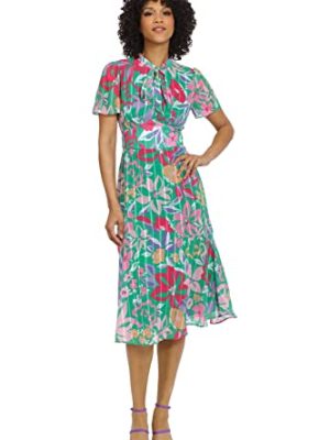 415vTOlrziL.jpg Women's Floral Printed Neck Tie Short Sleeve Midi Dress
