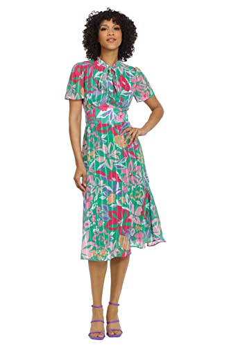 415vTOlrziL.jpg Women's Floral Printed Neck Tie Short Sleeve Midi Dress