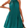 Women's Cute Halter Neck Sleeveless Mini Dress Solid Color Flowy Pleated Beach Dress Sundress