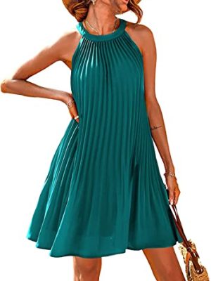 416IfzcFwjL.jpg Women's Cute Halter Neck Sleeveless Mini Dress Solid Color Flowy Pleated Beach Dress Sundress