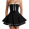 Women Summer Strapless Off The Shoulder Corset Mini Dress A-Line Pleated Tiered Fit and Flare Bow Tie Graduation Dress