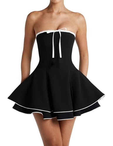 Women Summer Strapless Off The Shoulder Corset Mini Dress A-Line Pleated Tiered Fit and Flare Bow Tie Graduation Dress