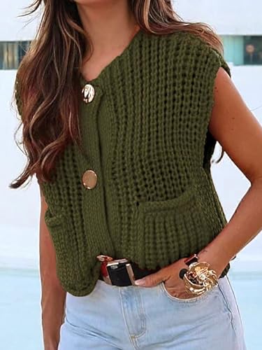 Women's Sleeveless Cropped Knit Cardigan 2025 Casual Button Down Crochet Sweater Vest Tops with Pockets