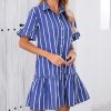 Women's Cotton Linen Ruffle Mini Dress Short Sleeve Button Down Drop Waist Tunic Shirt Dress