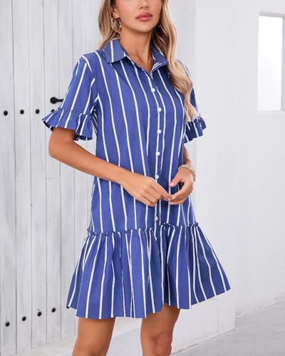 Women's Cotton Linen Ruffle Mini Dress Short Sleeve Button Down Drop Waist Tunic Shirt Dress