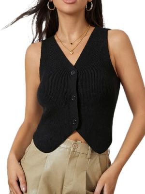 Women Knit Vest Top Y2k V Neck Sleeveless Button Up Crochet Going Out Tops Fashion Streetwear