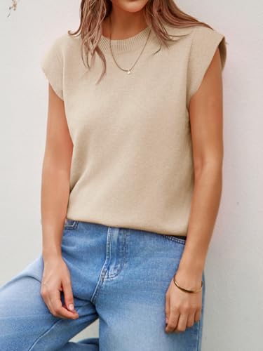 Womens Cap Sleeve Sweater Vest Summer Casual Sleeveless Knit Tank Tops Loose Fit Crew Neck Shirts Pullover