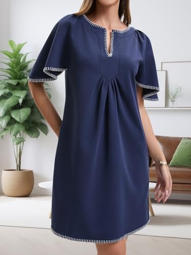 417tSJpWDbL.jpg Women's Summer Flutter Short Sleeve A Line Mini Dress Casual Contrast Trim V Neck Short Dress with Pockets