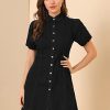 Women's Denim Dress Button Down Pockets Puff Sleeve Collared Jean Dresses