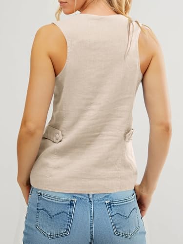 418MSUaglZL.jpg Womens Scoop Neck Blazer Vest Summer Linen Sleeveless Fitted Waistcoat Work Casual Cotton Suit Tops