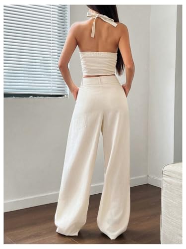 418ltLzbDNL.jpg Women's 2 Piece Outfits Halter Button Down Vest Crop Tops and High Waisted Pants Set