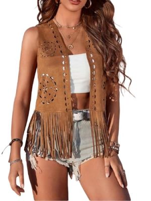 Women Boho Western Tassel Vest Open Front Faux Suede Fringe Cardigan Sleeveless Jacket Vintage Hippie Outwear