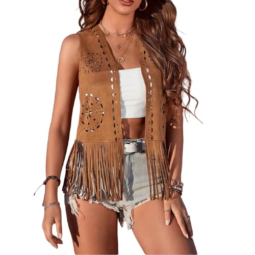 Women Boho Western Tassel Vest Open Front Faux Suede Fringe Cardigan Sleeveless Jacket Vintage Hippie Outwear