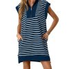Womens Striped Mini Dress Casual Zipper Cap Sleeve Collared V Neck Loose Knit Summer Dresses