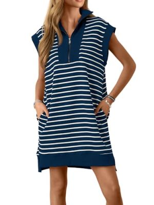 4192n0E6bUL.jpg Womens Striped Mini Dress Casual Zipper Cap Sleeve Collared V Neck Loose Knit Summer Dresses