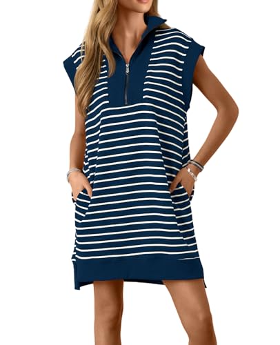Womens Striped Mini Dress Casual Zipper Cap Sleeve Collared V Neck Loose Knit Summer Dresses