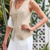 419Fv8f3uwL.jpg Womens Scoop Neck Blazer Vest Summer Linen Sleeveless Fitted Waistcoat Work Casual Cotton Suit Tops