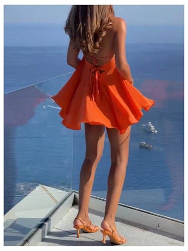 419RZDFP6KL.jpg Women's Halter Dress Tie Open Back Twist Sleeveless Flowy A Line Mini Dresses