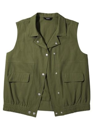 Womens Vests 2025 Fall Outerwear Button-Down Lapel Collar Elastic Hem Sleeveless Jacket Cargo Vest