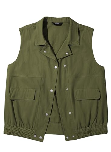 Womens Vests 2025 Fall Outerwear Button-Down Lapel Collar Elastic Hem Sleeveless Jacket Cargo Vest