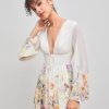 41AItRQXWfL.jpg Dresses for Women Floral Print V Neck Long Sleeve High Waist Knotted Ruffle A Line Mini Dress