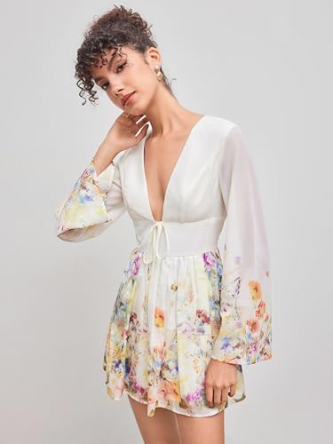 41AItRQXWfL.jpg Dresses for Women Floral Print V Neck Long Sleeve High Waist Knotted Ruffle A Line Mini Dress