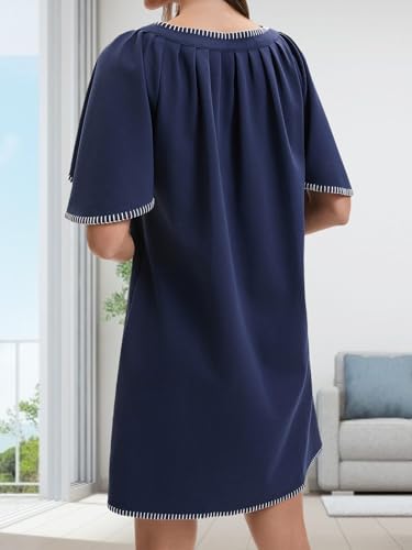 41AJ8jvBzfL.jpg Women's Summer Flutter Short Sleeve A Line Mini Dress Casual Contrast Trim V Neck Short Dress with Pockets