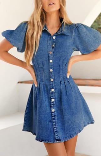 41AfJVH8GGL.jpg Summer Denim Dress for Women Puff Sleeve Slim Fit Jean Dresses for Women 2025 Casual