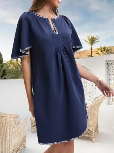 41Ah0Jp7zlL.jpg Women's Summer Flutter Short Sleeve A Line Mini Dress Casual Contrast Trim V Neck Short Dress with Pockets