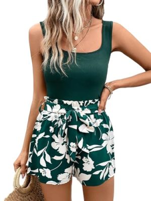 41AkQLPYvAL.jpg Women's 2 Piece Solid Square Neck Pullover Tank Top and Floral Print Belted Shorts Sets